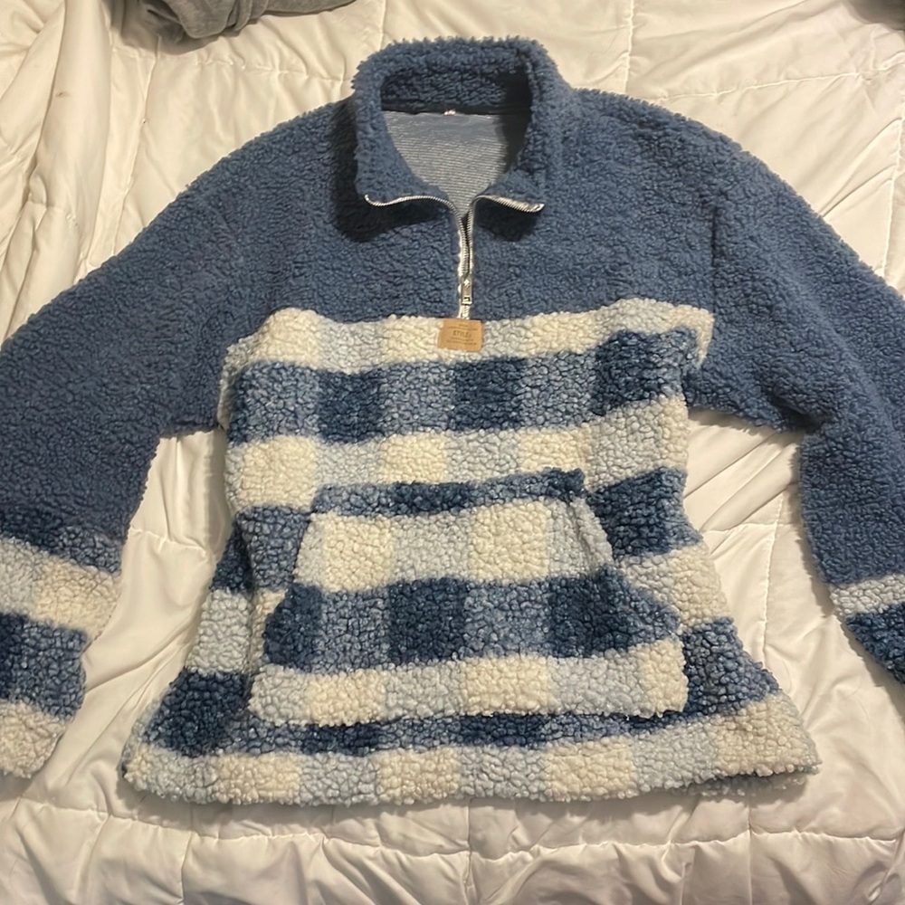 BLUE UNISEX FLUFFY CUTE CREWNECK SWEATER QUARTER ZIP ADJUSTABLE STRIPED WOOL